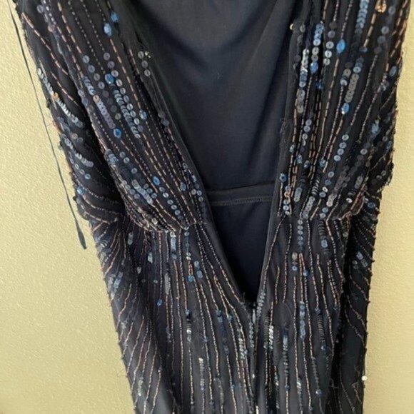 Aidan Mattox High Neck Navy Beadded Floor Length Dress - Dress for Wedding Guest - Picture 6 of 9